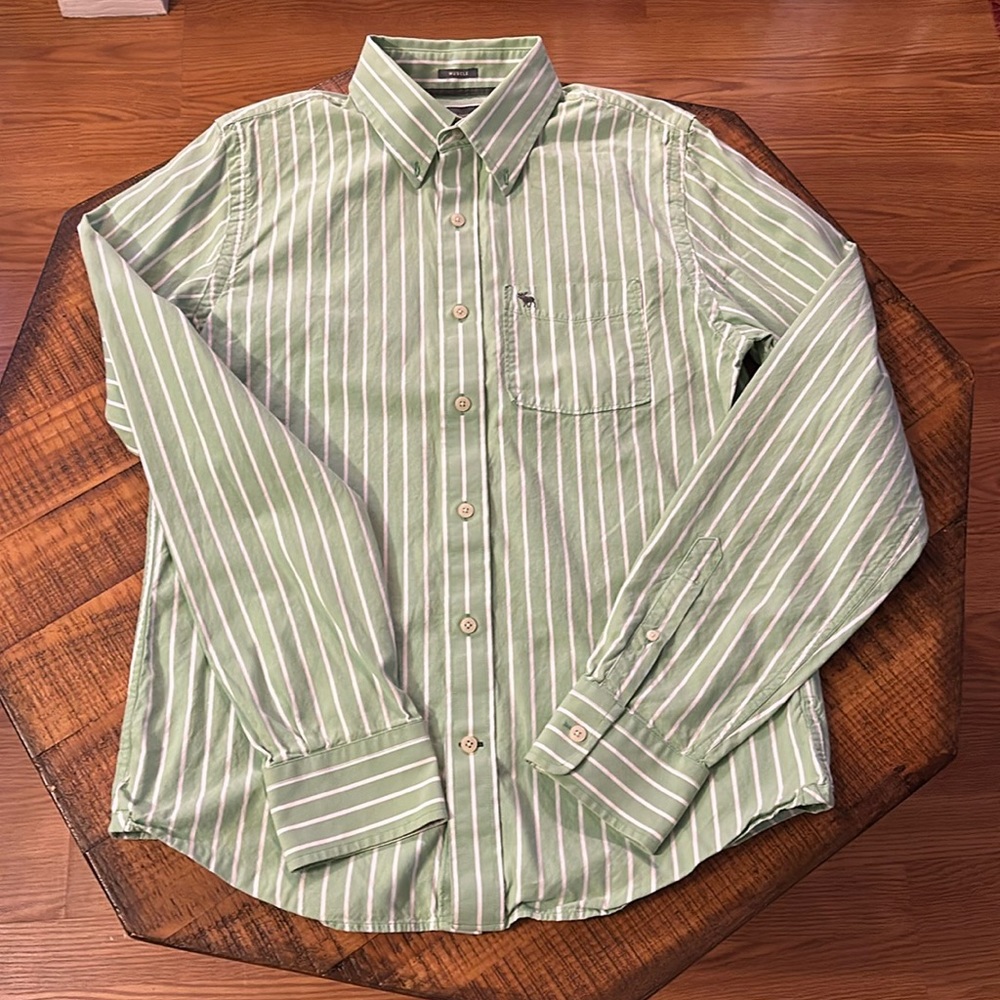 Abercrombie & Fitch Green Shirt with White Stripes Size L